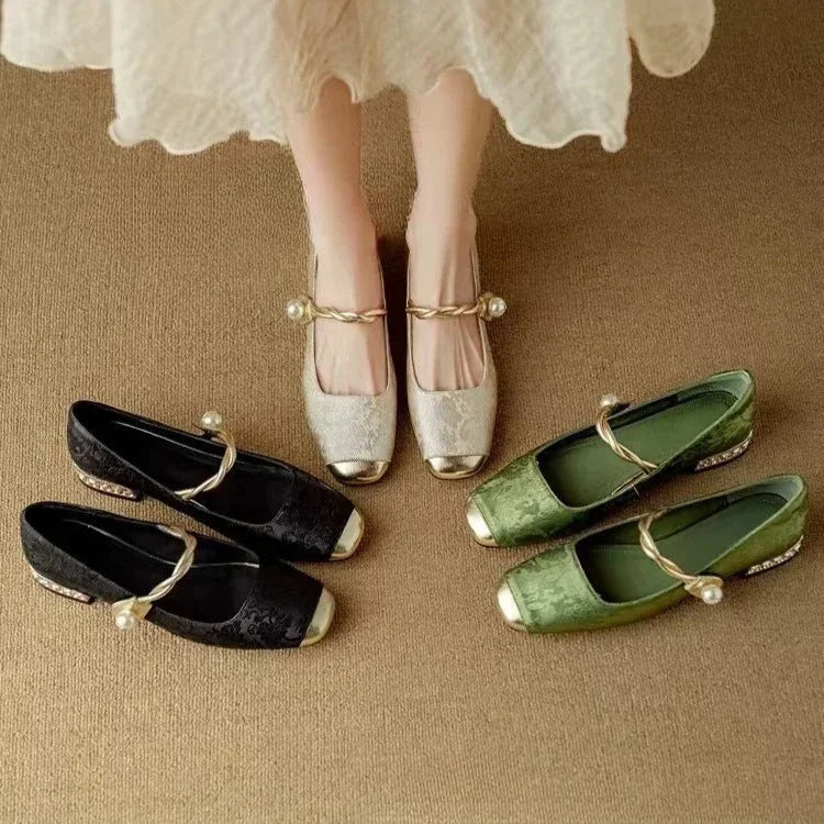 Wilma Pearl Strap Mary Janes in Beige