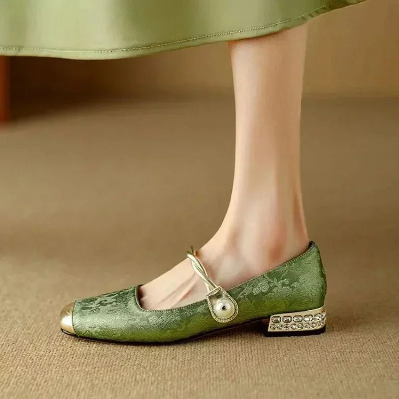 Wilma Pearl Strap Mary Janes in Sage Green