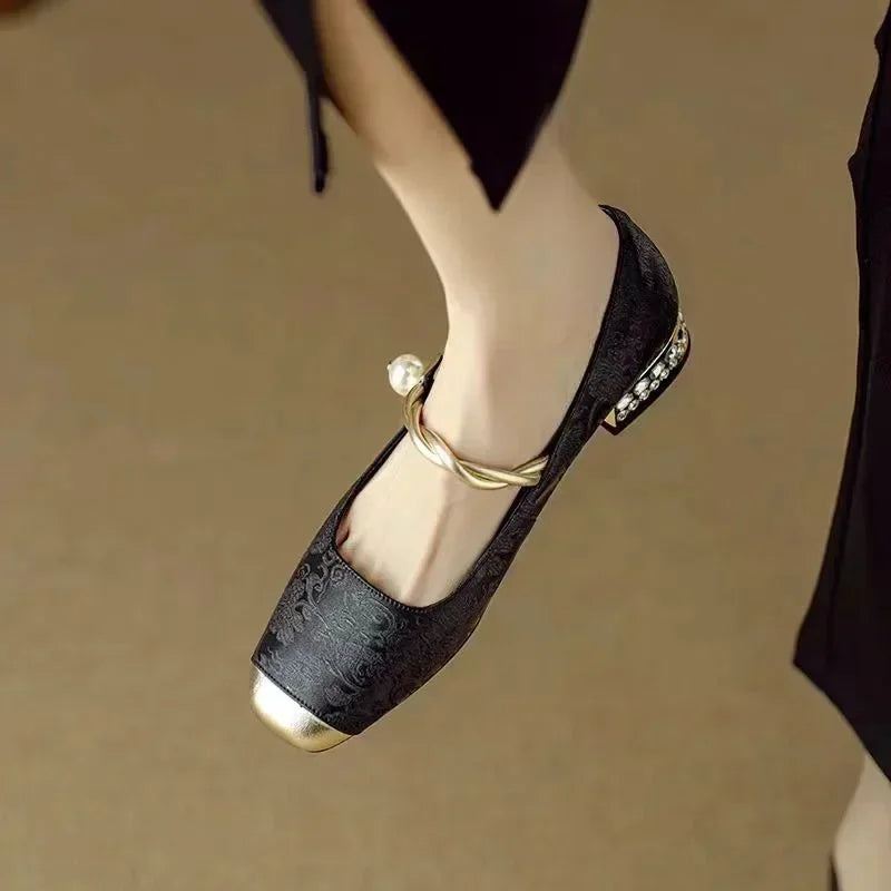 Wilma Pearl Strap Mary Janes in Black