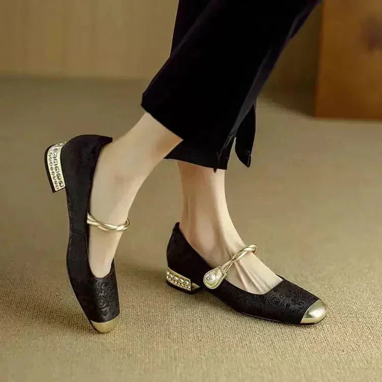 Wilma Pearl Strap Mary Janes in Black