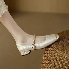 Wilma Pearl Strap Mary Janes in Beige