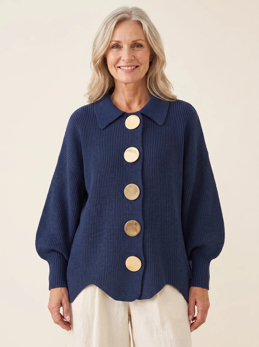 Winona Statement Button Collared Cardigan in Navy Blue, worn