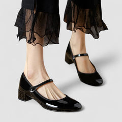 Yolanda Glossy Block Heel Mary Janes in Black