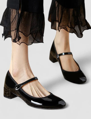 Yolanda Glossy Block Heel Mary Janes in Black
