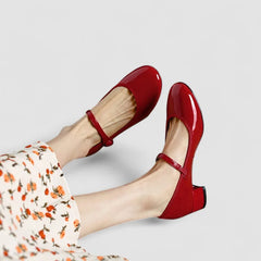Yolanda Glossy Block Heel Mary Janes in Red