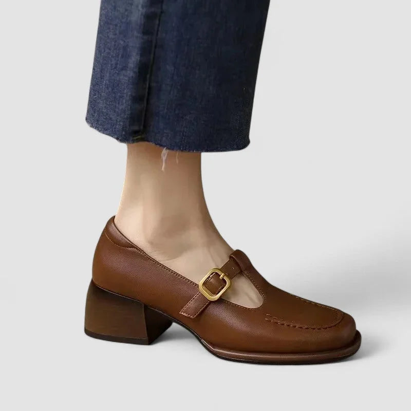 Yvette Block Heel T-Strap Mary Janes in Brown