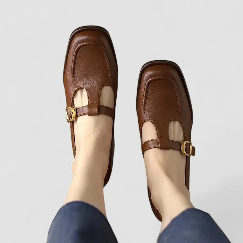 Yvette Block Heel T-Strap Mary Janes in Brown