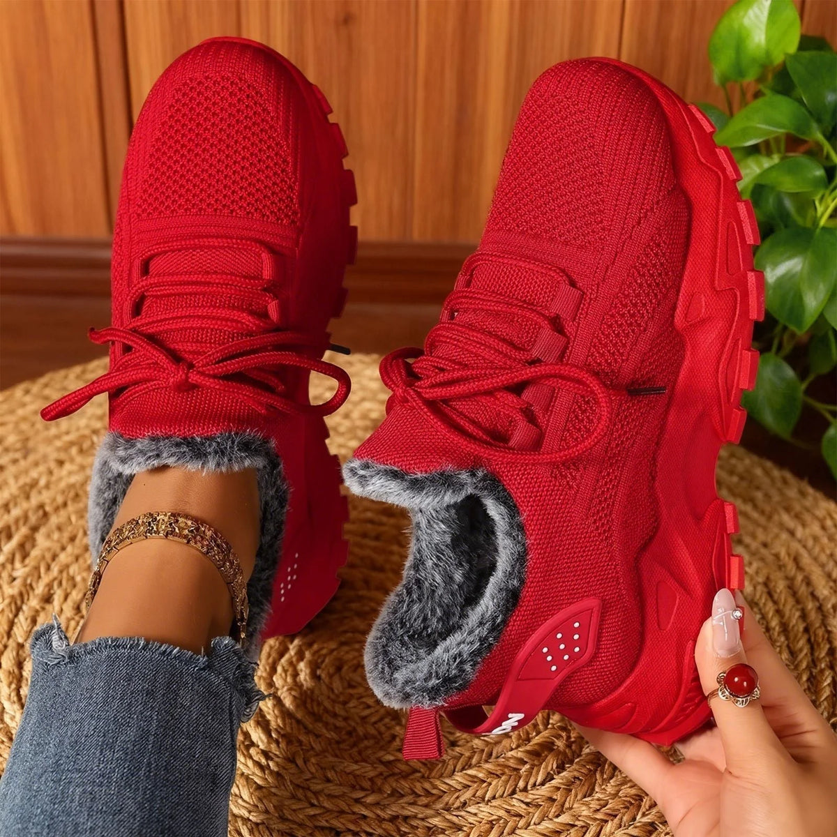 Yvonne Plush Lined Sneakers in Red